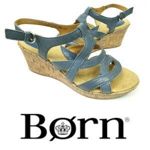 Born BOC Blue Leather Wedge Sandals Strappy Sz 10M